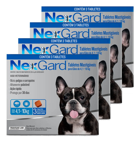 Kit 4 Antipulgas e Carrapatos NexGard 28,3 mg para Cães de 4,1 a 10 Kg - 3 Tabletes