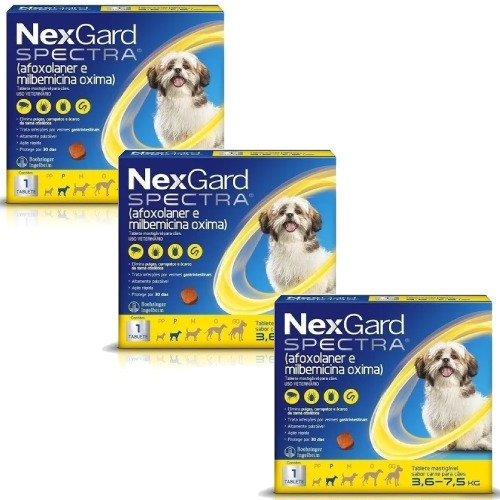 Kit 3 Antipulgas, Carrapatos e Vermífugo NexGard Spectra para Cães de 3,6 a 7,5 Kg - 1 Tablete