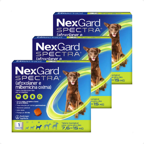 Kit 3 Antipulgas, Carrapatos e Vermifugo NexGard Spectra para Cães de 7,6 a 15 Kg - 1 Tablete em Oferta na Shopee
