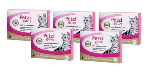 Kit 5 Vermifugo Ceva Petzi Gatos 600 mg - 4 Comprimidos - Pets