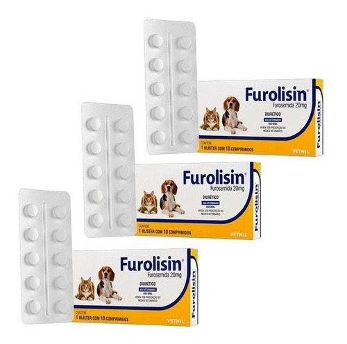 Kit 3 Diurético Vetnil Furolisin Comprimido 20 mg para Cães e Gatos - 10 Comprimidos em Oferta na Shopee