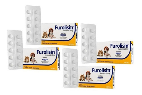 Kit 4 Diurético Vetnil Furolisin Comprimido 20 mg para Cães e Gatos - 10 Comprimidos - Pets