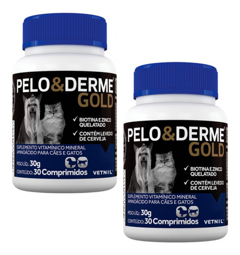 Kit 2 Suplemento Vitamínico Vetnil Pelo & Derme Gold para Cães e Gatos - 30 Comprimidos em Oferta na Shopee