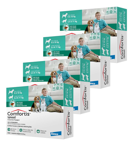 Kit 4 Comfortis Elanco 560 mg para Cães de 9 a 18 Kg e Gatos de 5,4 a 11 Kg - 1 Comprimido - Pets
