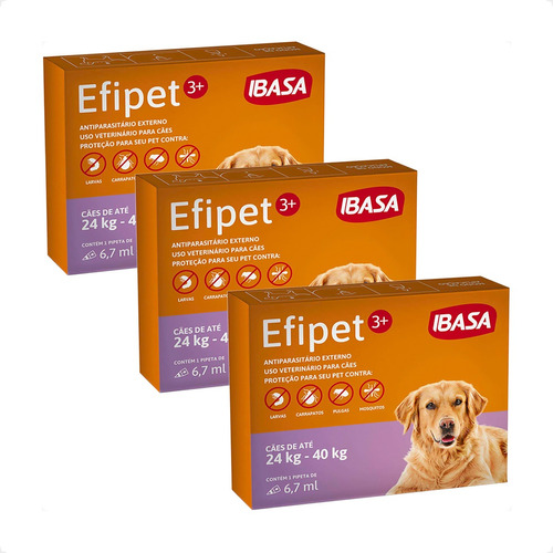 Kit 3 Efipet 3+ Ibasa Antipulgas para Cães de 24 a 40Kg - 6,7ml