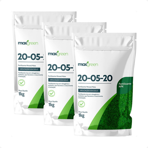 Kit 3 MaxGreen 20-05-20 Fertilizante Mineral - 1Kg