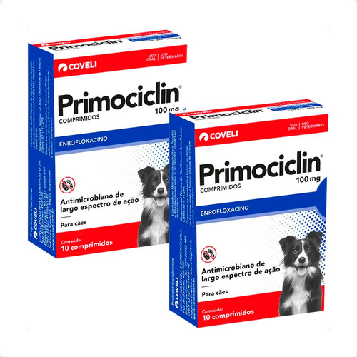 Kit 2 Primociclin 100mg Antimicrobiano Coveli para Cães - 10 Comprimidos