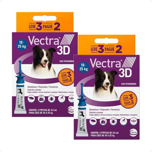 Kit 2 Vectra 3D 3,6ml Antipulgas e Carrapatos Ceva para Cães de 10 a 25Kg - Leve 3 Pague 2 - Pets