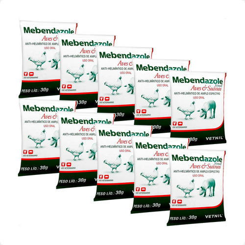 Kit 10 Mebendazole Vetnil Vermífugo para Aves & Suínos - Sachê 30g em Oferta na Shopee