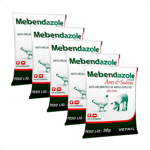 Kit 5 Mebendazole Vetnil Vermífugo para Aves & Suínos - Sachê 30g - Pets