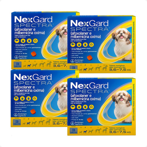 Kit 4 NexGard Spectra para Cães 3,6 a 7,5kg - 3 Tabletes