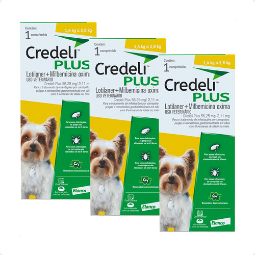 Kit 3 Credeli Plus Elanco para Cães de 1,4 a 2,8kg - 1 Comprimido