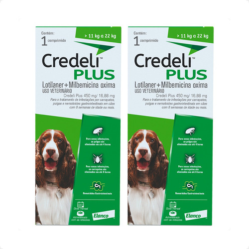 Kit 2 Credeli Plus Elanco para Cães de 11 a 22 kg - 1 Comprimido em Oferta na Shopee