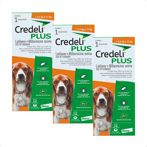 Kit 3 Credeli Plus Elanco para Cães de 5,5 a 11 kg - 1 Comprimido em Oferta na Shopee