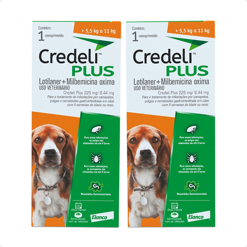 Kit 2 Credeli Plus Elanco para Cães de 5,5 a 11 kg - 1 Comprimido em Oferta na Shopee
