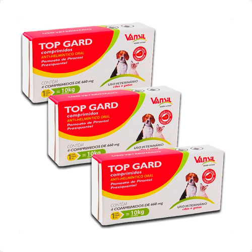 Kit 3 Top Gard Vansil 660mg Vermífugo para Cães e Gatos - 4 Cpr em Oferta na Shopee