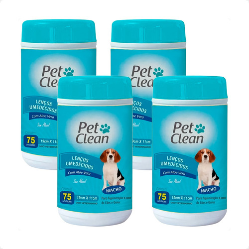 Kit 4 Lenços Umedecidos Macho Pet Clean para Cães e Gatos - 75 Unidades