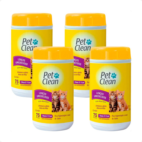 Kit 4 Lenços Umedecidos Pet Clean para Gatos - 75 Unidades
