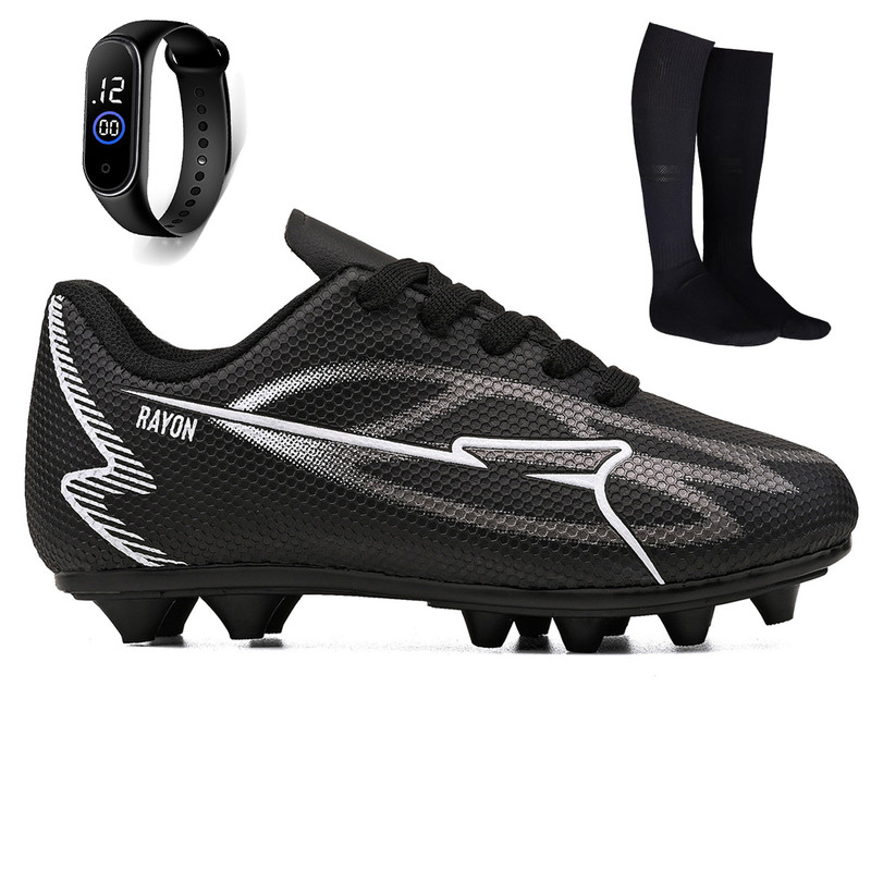 Kit Chuteira Infantil Futebol Meninos Trava Campo Grama Natural + Meião + Relogio