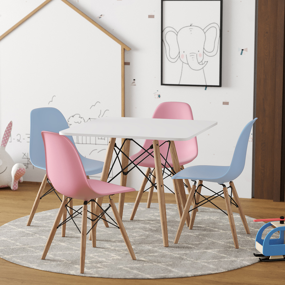 Conjunto De Mesa Eames Eiffel Infantil Madeira 68cm Quadrado Branco 2 Cadeira Azul E 2 Rosa