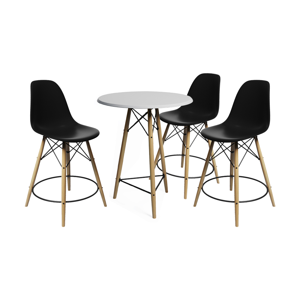 Mesa Bistrô Eames Eiffel Branca Com 3 Banquetas Pretas De Madeira