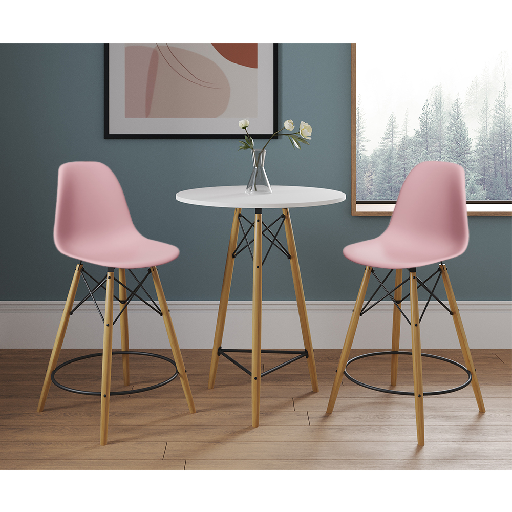 Conjunto Bistrô Eames Eiffel Mesa Branca Com 2 Banquetas Rosas De Madeira