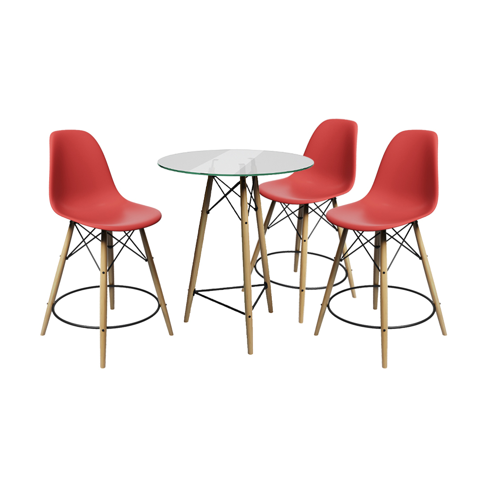 Conjunto Mesa Bistrô Eames Eiffel Vidro Com 3 Banquetas Vermelhas De Madeira