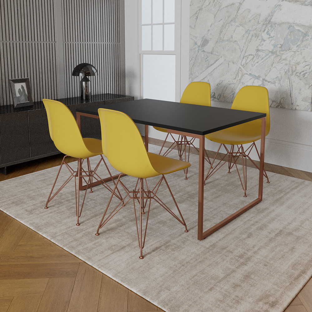 Mesa Industrial Base Ferro Cobre 137x90 Tampo Preto 4 Cadeiras Eiffel Ferro Cobre Assento Amarelo
