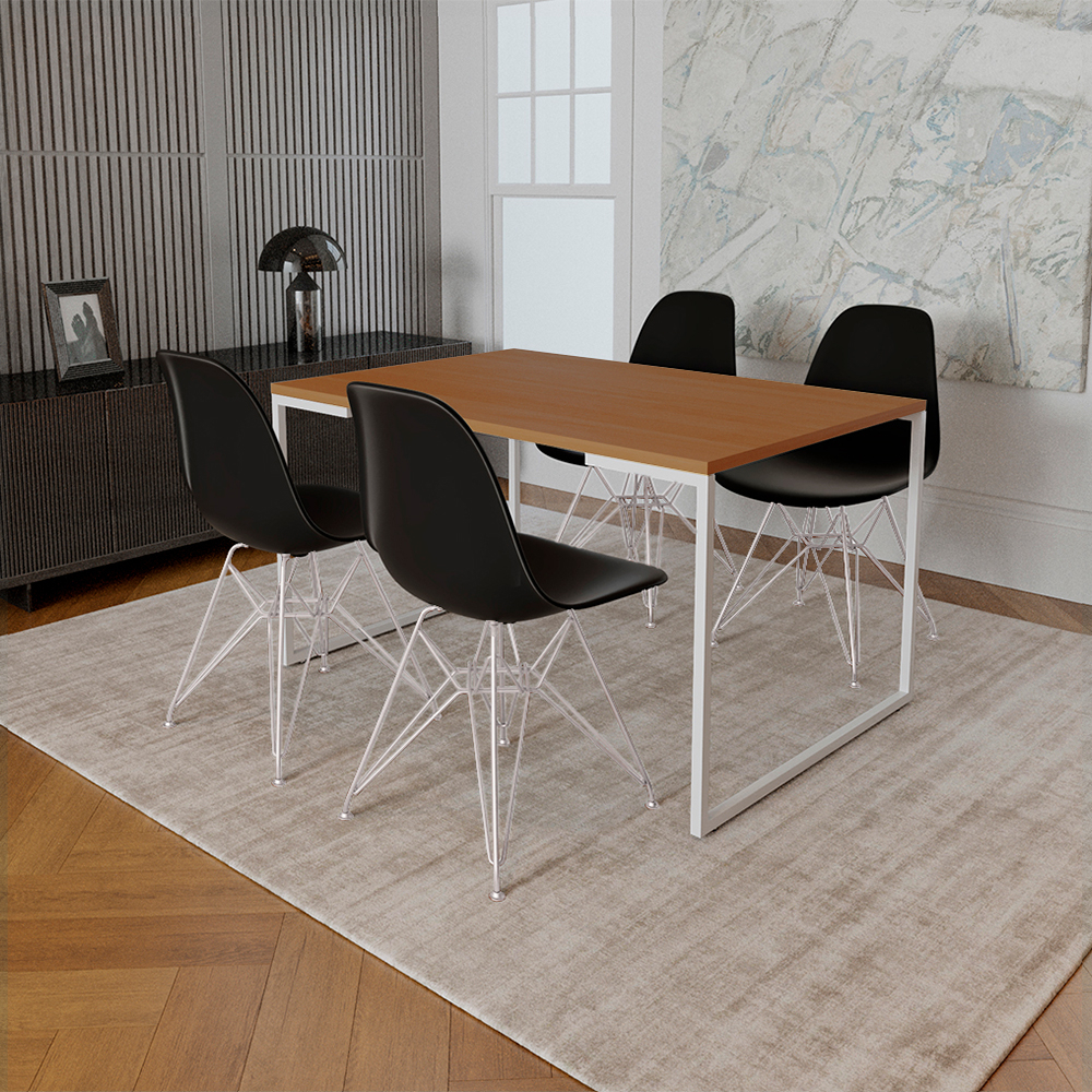 Mesa Industrial Base Ferro Branco Tampo 137x90 Canela 4 Cadeiras Ferro Branco Assento Preto