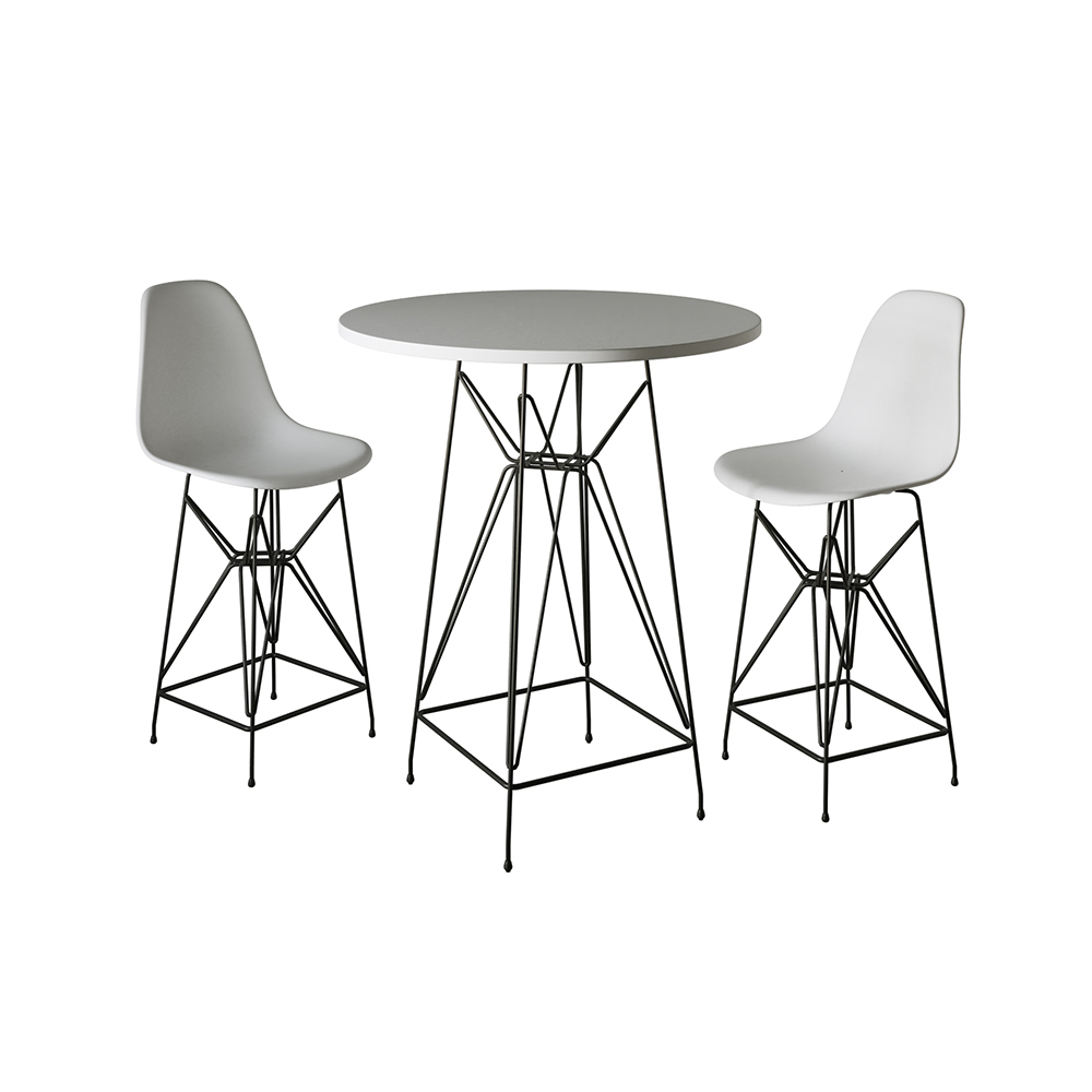 Jogo Mesa Bistrô Eames Eiffel Branca 60cm 2 Banquetas Branca Base Ferro Preto