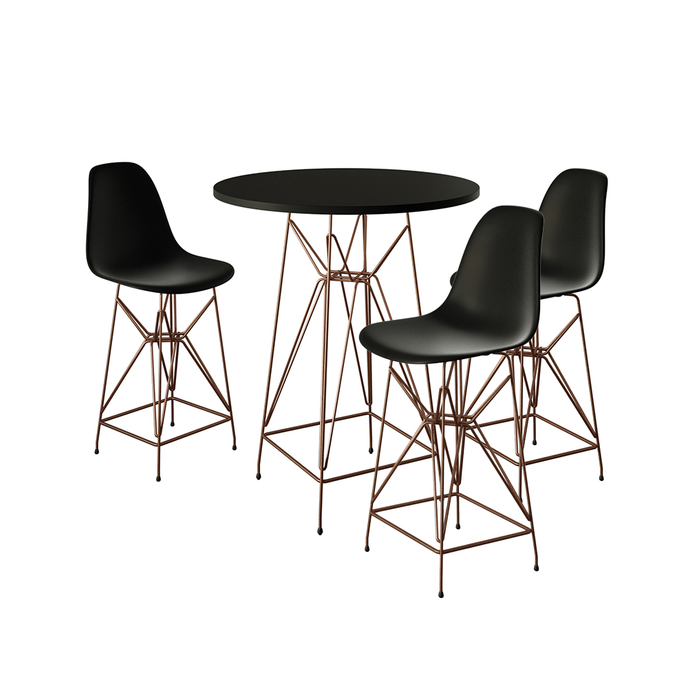 Jogo Mesa Bistrô Eames Eiffel Preta 60cm 3 Banquetas Preta Base Ferro Cobre