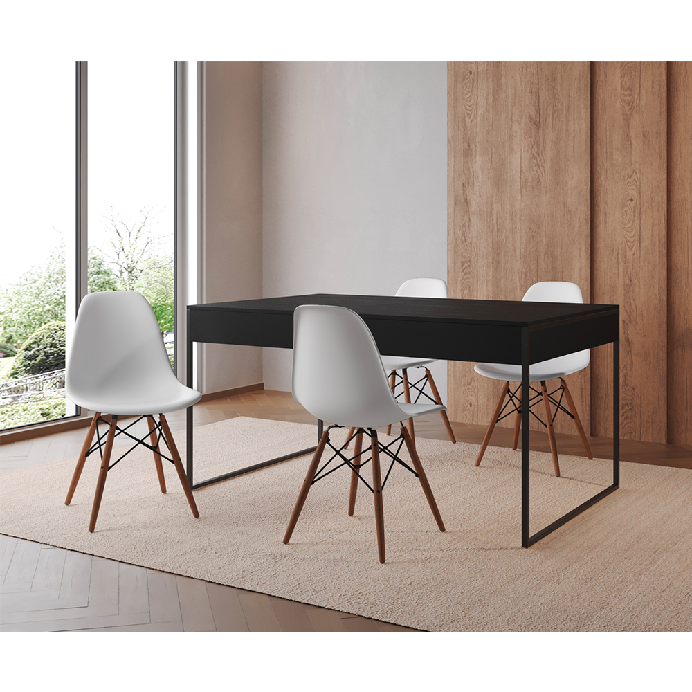 Mesa Jantar Industrial Retangular Filadélfia Preta 137x90cm Base Ferro Preto Com 4 Cadeiras Brancas