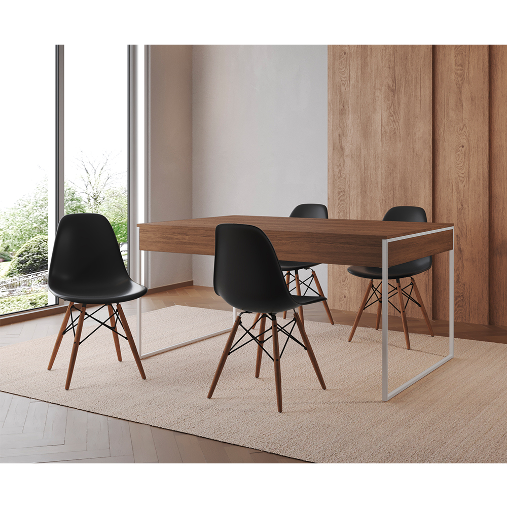 Mesa Jantar Industrial Retangular Filadélfia Amêndoa 137x90cm Base Ferro Branco Com 4 Cadeiras Preta