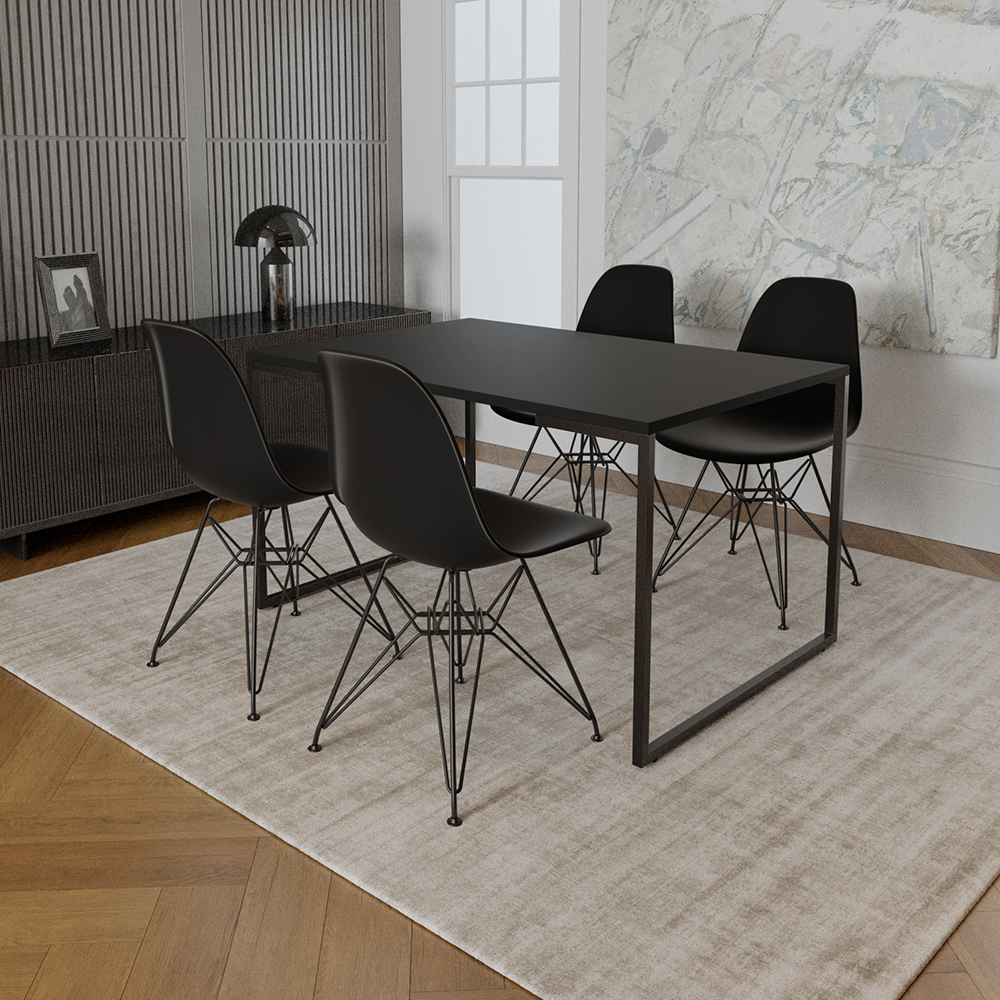 Mesa Industrial Base Ferro Preto 137x90 Tampo Preto 4 Cadeiras Eiffel Ferro Preto Assento Preto