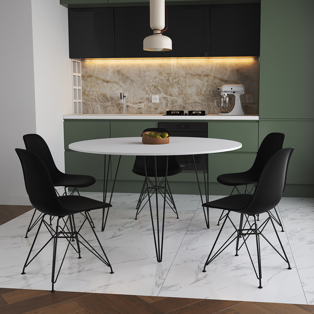 Mesa Jantar Redonda 110cm Branca Clips 3 Pés Com 5 Cadeiras Eames Eiffel Pretas Ferro Preto