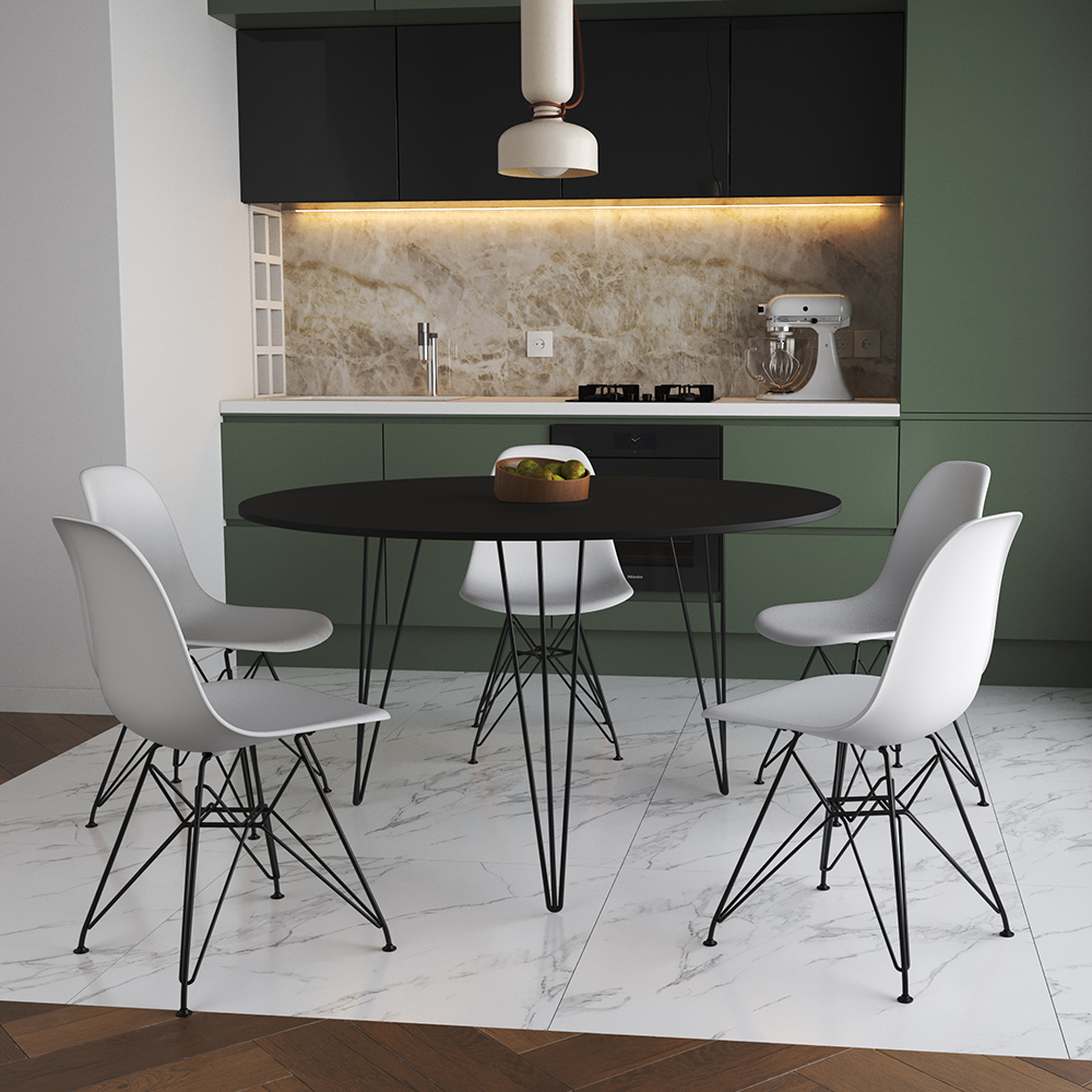 Mesa Jantar Redonda 110cm Preta Clips 3 Pés Com 5 Cadeiras Eames Eiffel Brancas Ferro Preto