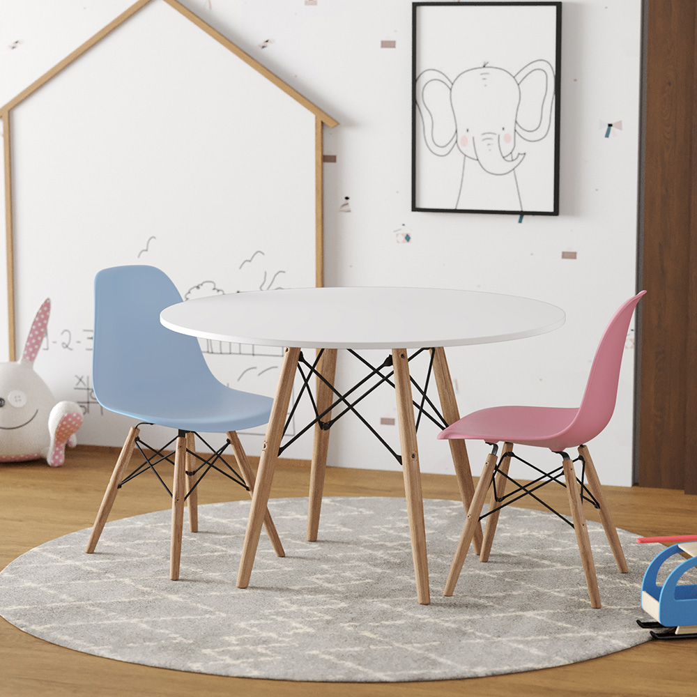 Conjunto De Mesa Eames Eiffel Madeira Infantil 68cm Redondo Branco 1 Cadeira Azul 1 Cadeira Rosa