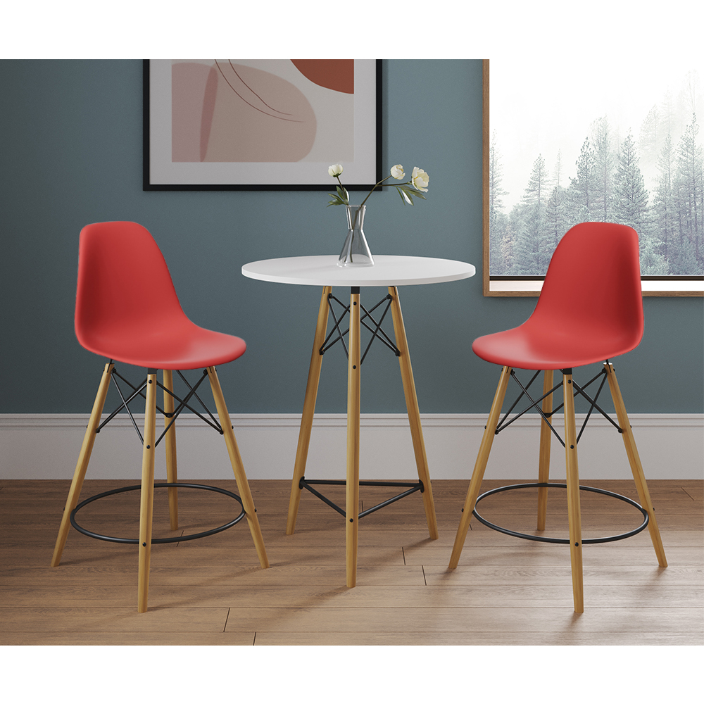 Conjunto Bistrô Eames Eiffel Mesa Branca Com 2 Banquetas Vermelhas De Madeira