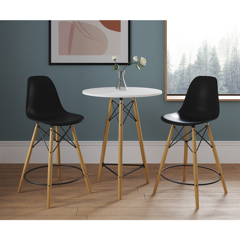 Mesa Bistrô Eames Eiffel Branca Com 2 Banquetas Pretas De Madeira
