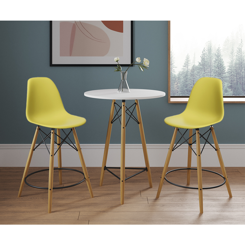 Mesa Bistrô Eames Eiffel Branca Com 2 Banquetas Amarelas De Madeira