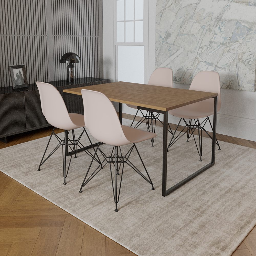 Mesa Industrial Base Ferro Preto 137x90 Tampo Amêndoa 4 Cadeiras Eiffel Ferro Preto Assento Branco