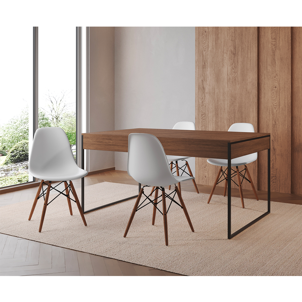 Mesa Jantar Industrial Retangular Filadélfia Amêndoa 137x90cm Base Ferro Preto Com 4 Cadeiras Branca