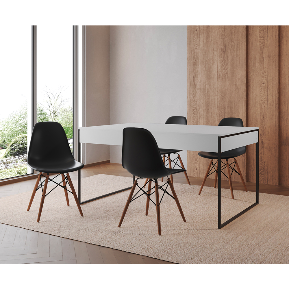 Mesa Jantar Industrial Retangular Filadélfia Branca 137x90cm Base Ferro Preto Com 4 Cadeiras Pretas