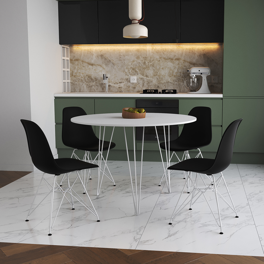 Mesa Jantar Redonda 110cm Branca Clips 3 Pés Com 4 Cadeiras Eames Eiffel Pretas Ferro Branco
