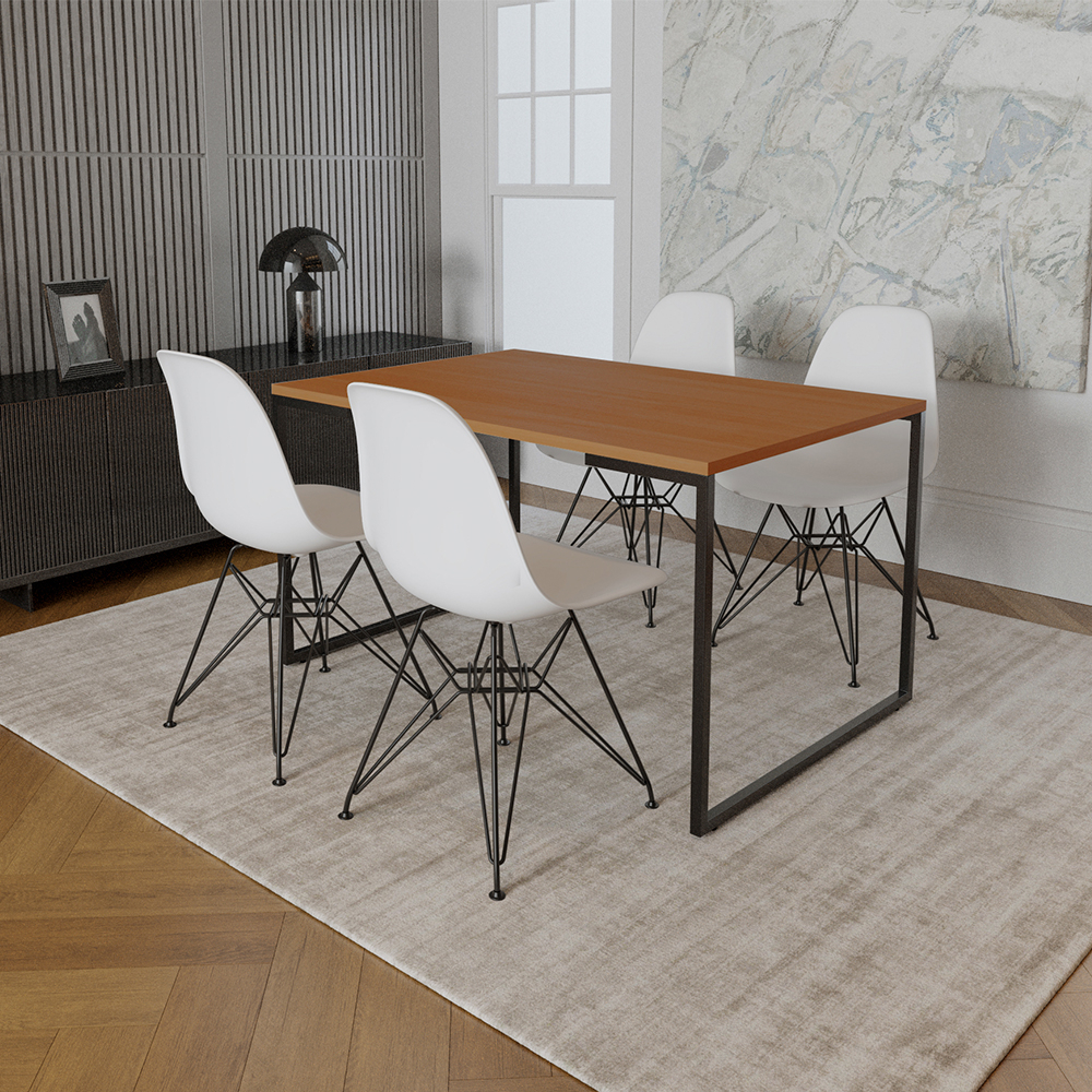 Mesa Industrial Base Ferro Preto Tampo 137x90 Canela 4 Cadeiras Ferro Preto Assento Branco