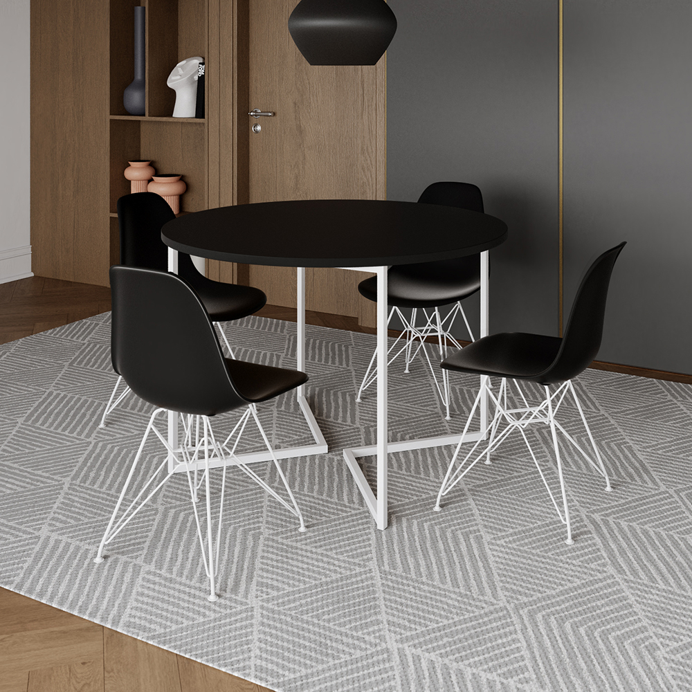 Mesa Industrial Jantar Redonda Preta 110cm Base V Com 4 Cadeiras Eames Pretas Ferro Branco