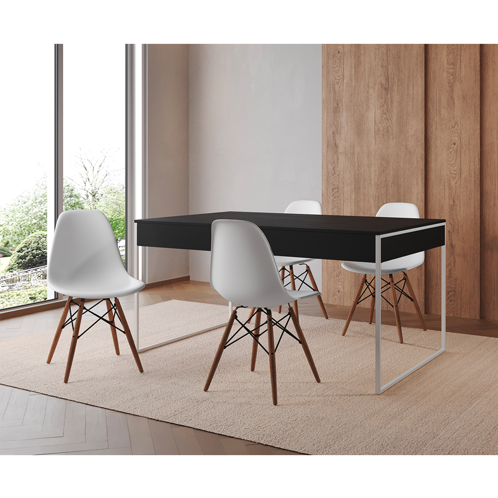 Mesa Jantar Industrial Retangular Filadélfia Preta 137x90cm Base Ferro Branco Com 4 Cadeiras Brancas