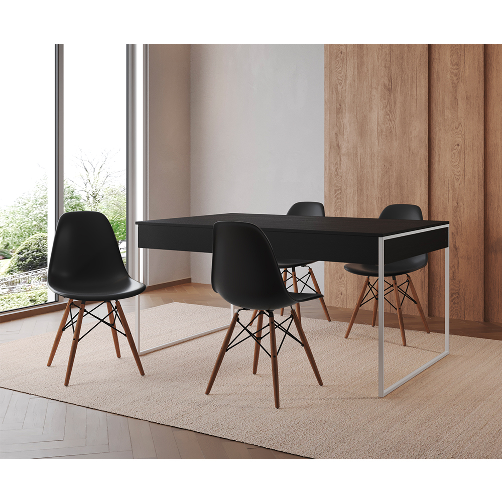 Mesa Jantar Industrial Retangular Filadélfia Preta  Base Ferro Branco Com 4 Cadeiras Pretas