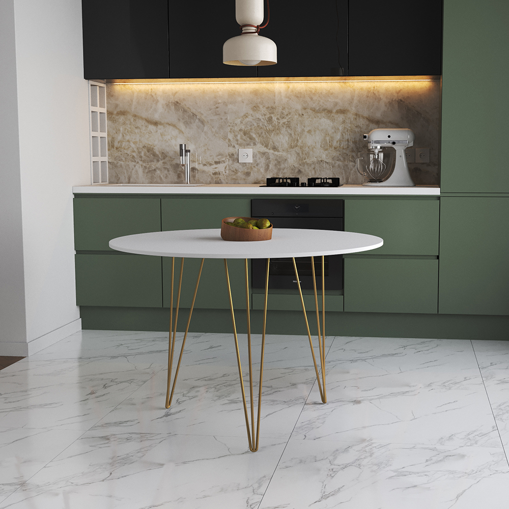 Mesa De Jantar Redonda 90cm Branca Clips 3 Pés Base Dourada em Oferta na Shopee