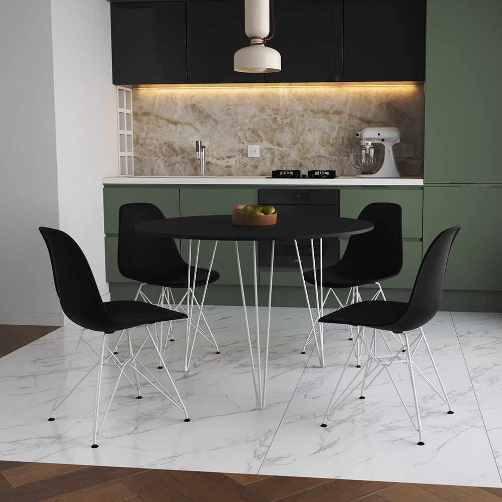 Mesa De Jantar Redonda 90cm Preta Clips 3 Pés Com 4 Cadeiras Eames Eiffel Pretas Ferro Branco